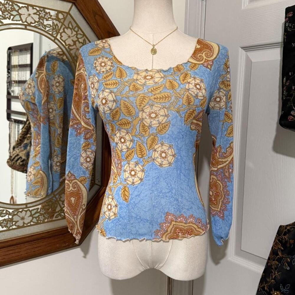VTG Y2K Bebe Sheer Blue & Brown Whimsy Floral Paisley Mesh 3/4 Sleeve Top M